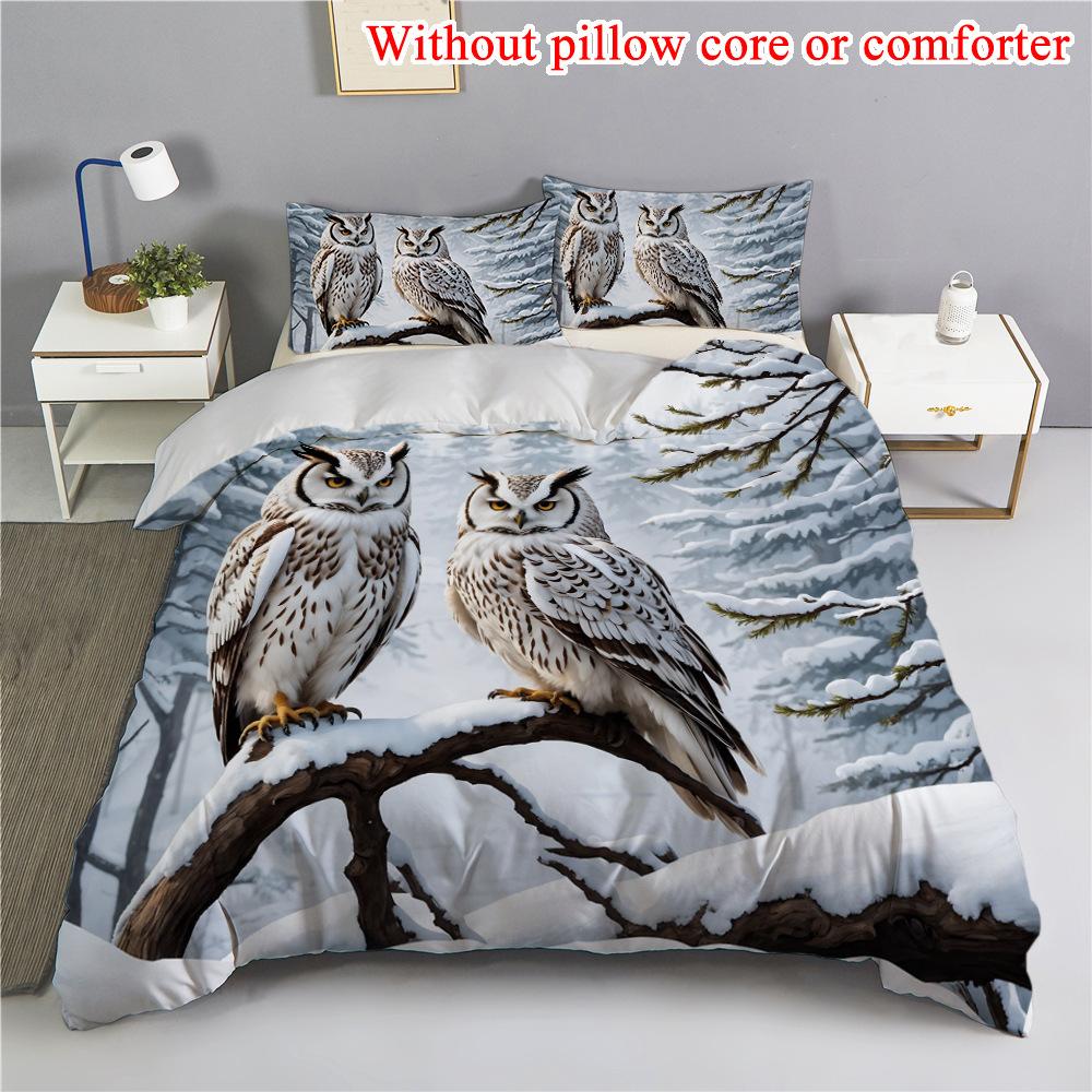 Eule 3D Digitaldruck Dreiteiliges Set Hautfreundlich Atmungsaktiv Bettbezug Studentenwohnheim Bettwäsche