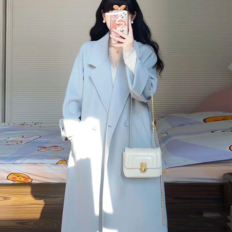 

Женское синее шерстяное пальто средней длины в корейском стиле для осени и зимы 2025 S (75-90 jin) синий