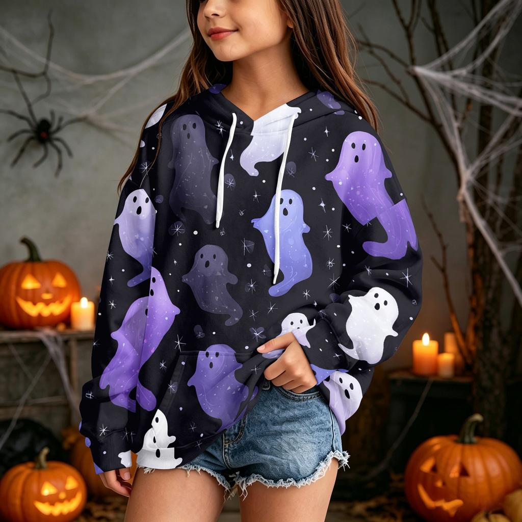 Kids' Halloween Print Hooded Sweatshirt - Casual Pullover for Boys and Girls