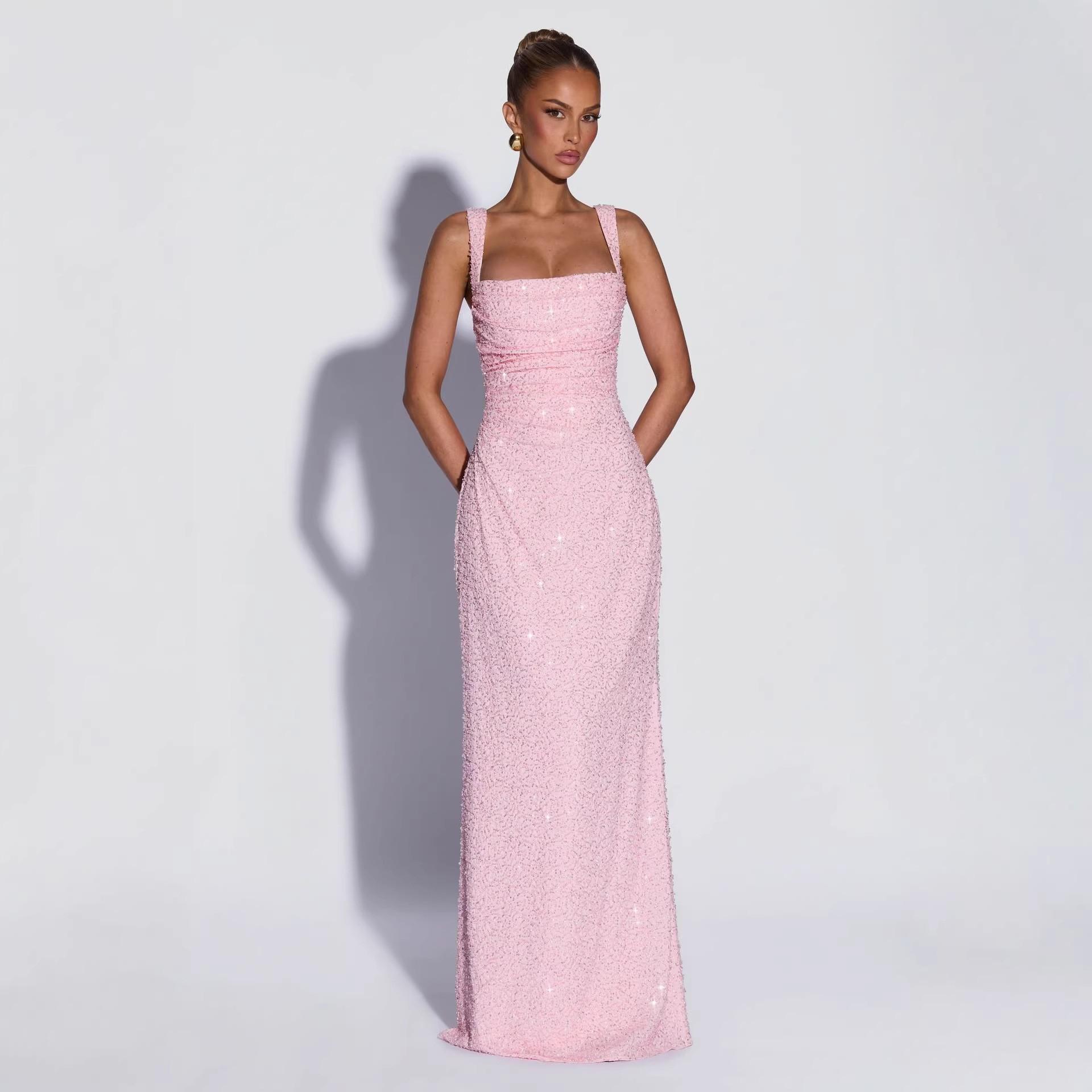Personalisierter einfarbiger Pailletten-Tube-Top-Kleid Damen Frühling Neu Ärmellos Mode Träger Split-Taille Kleid S rosa