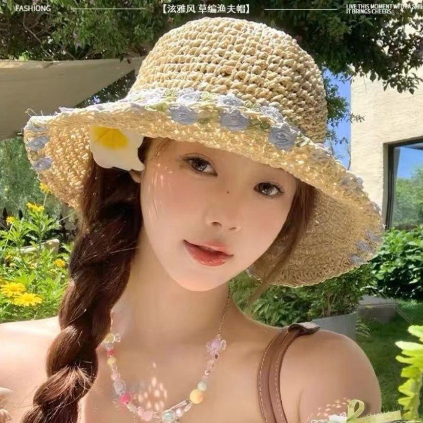 Flower Fisherman Hat Summer Beach Vacation Sun Hat Brim Straw Hat Foldable Sun Hat