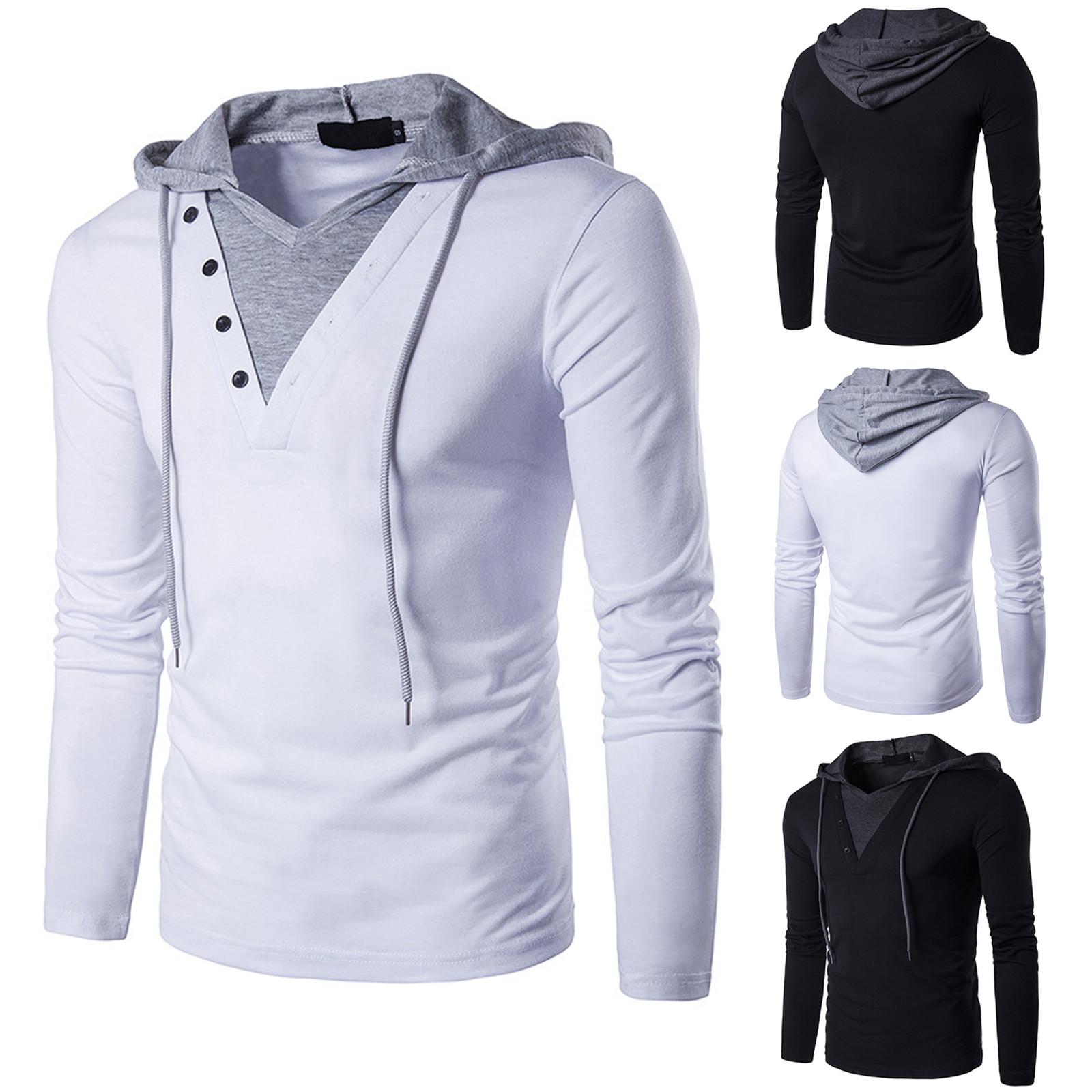 

Men s Fashion Trend T-shirt Long Sleeve Colour Blocking Hooded T-shirt M чёрный