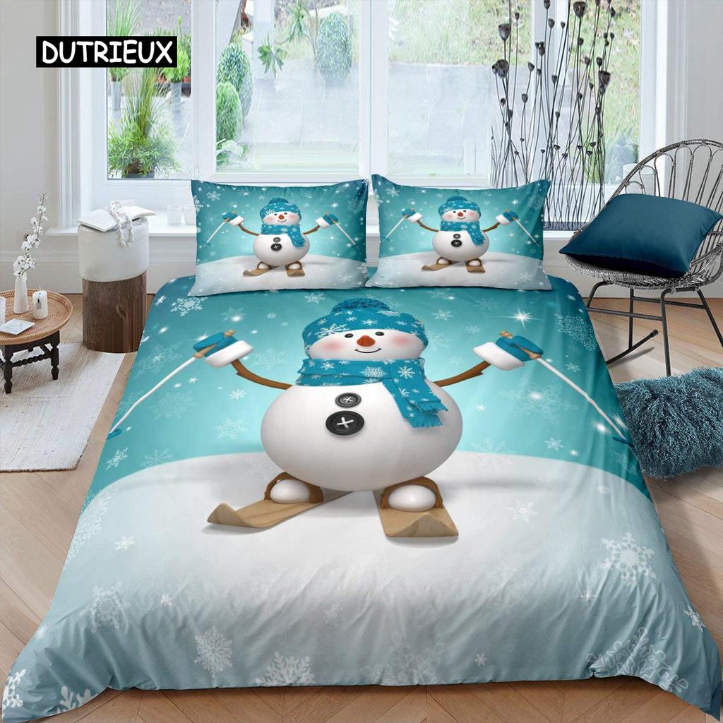 Schneemann Bettbezug Set Kinder Mädchen Weihnachten Bettdeckenbezug Winter Schnee Bettwäsche Set Neujahr Cartoon Stil Polyester Steppdeckenbezug