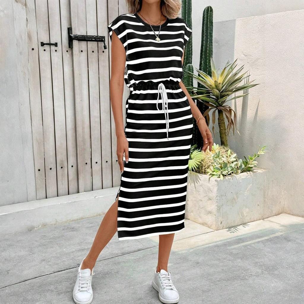 Women's Fashion Striped Loose Slit Round Neck Casual Dress