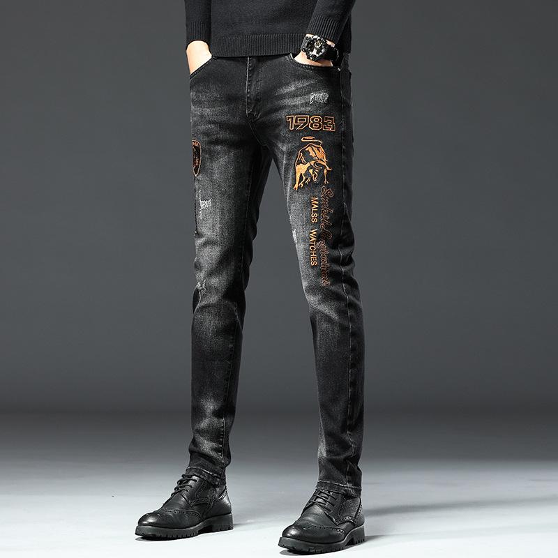 Men's Trendy Black Embroidered Slim-Fit Jeans – Youthful Stretch Casual Pants