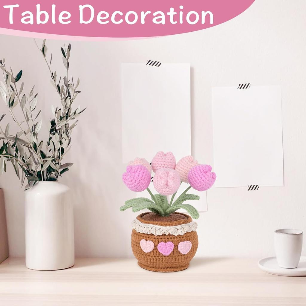 Handmade Potted Crochet Tulip Bouquet, Blush Pink Crocheted Tulips Hand Woven Flowers Knitted Flowers in Exquisite Pot Gift for Women Friends Kids