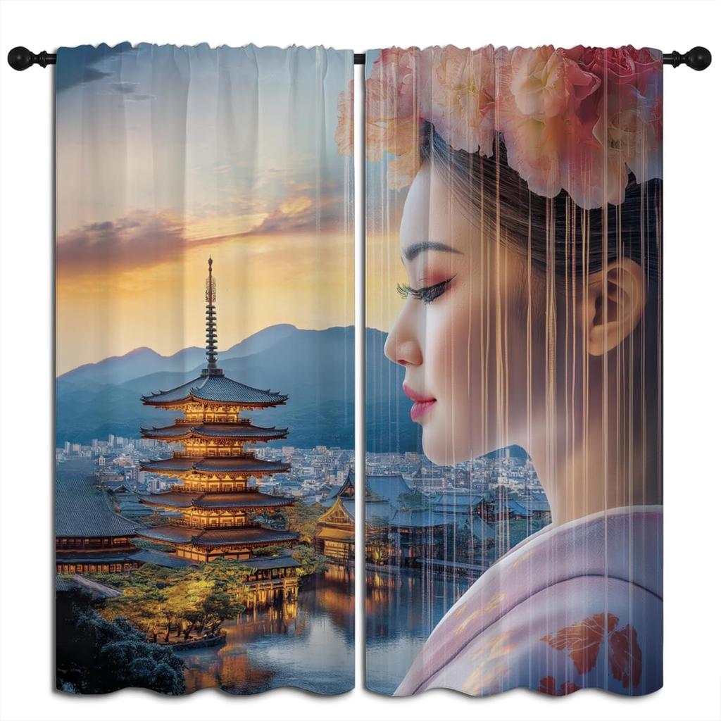 Japanese Geisha Blackout Curtains for Boys Girl Bedroom Home Decor, Kimono Pink Cherry Blossoms Anime Style Thermal Insulated