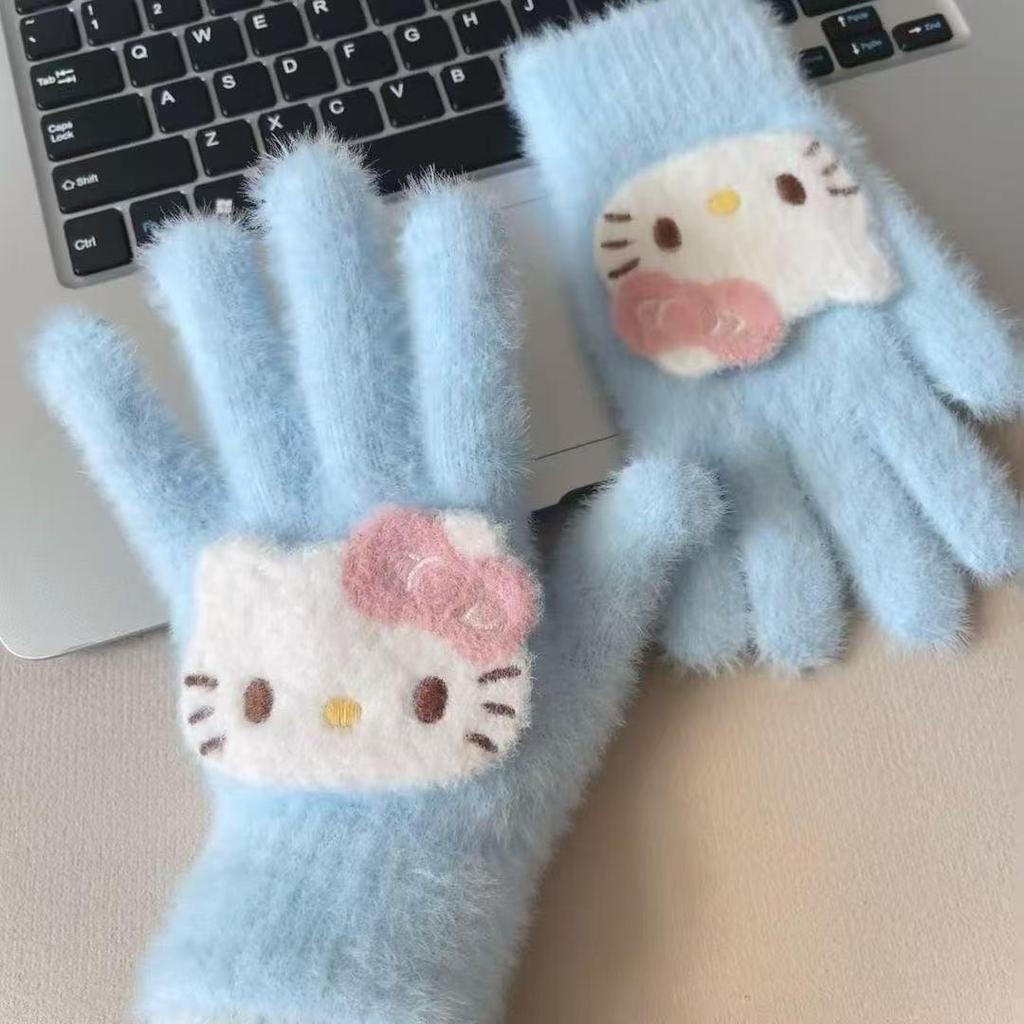 Women's Winter 2025 Retro Plaid Kitty Gloves: Warm Five-Finger Cycling Cold Protection
