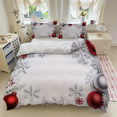 3pcs Christmas Snowflake Bedding Set White with Red and Silvery Ornaments (1Duvet Cover + 2Pillowcase, Without Core) for Winter