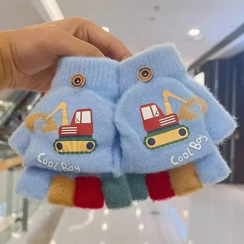Guantes de Invierno de Dibujos Animados para Niño Lindo Excavadora Gruesos Cálidos Niños Medio Dedo Manoplas Abatibles Exterior Niño Pequeño Cortavientos Guantes para Niños