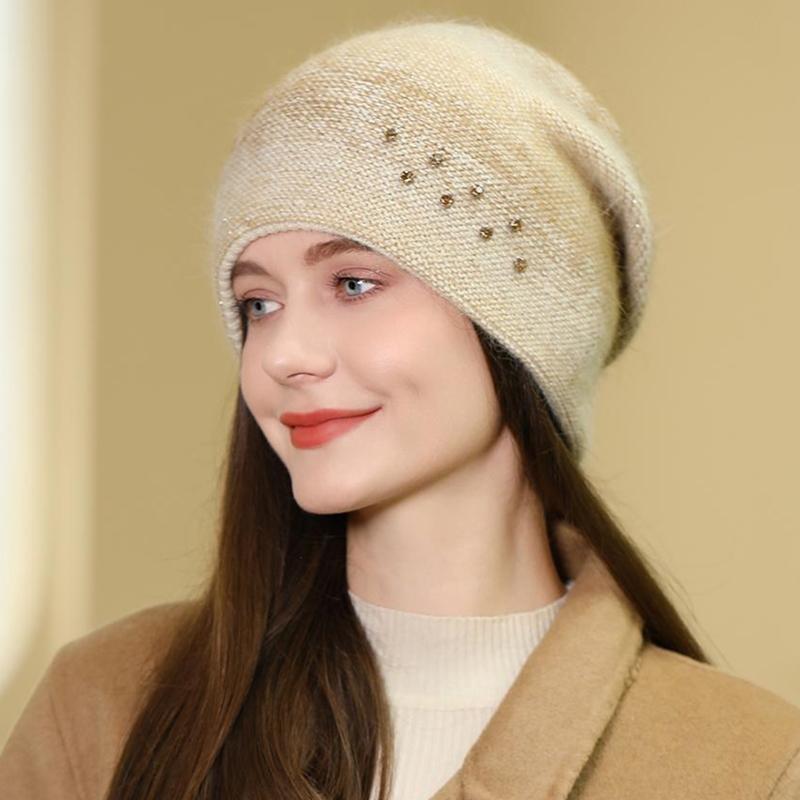 New Women Rabbit Fur Gradient Winter Hat Fashion Decorate Beanie Hat Warm Winter Cap for Female Casual Streetwear Knitted Hat