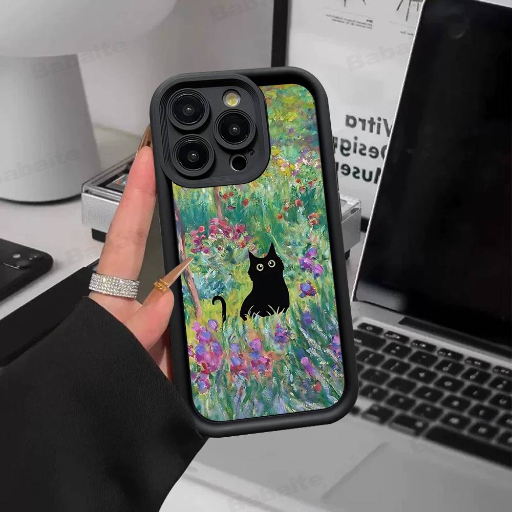 Black Cat Van Gogh Silicone Soft Phone Case For IPhone 17 16 14 13 12 11 15 Pro Max Plus Air Cover
