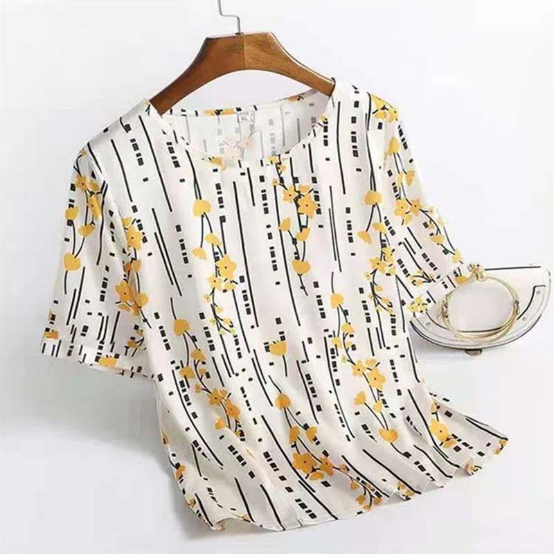 Ice Silk T-shirt Women's Summer Fashion Large Size Printing Short-sleeved Round Neck Loose Mother's Top Everyday Casual Wear
