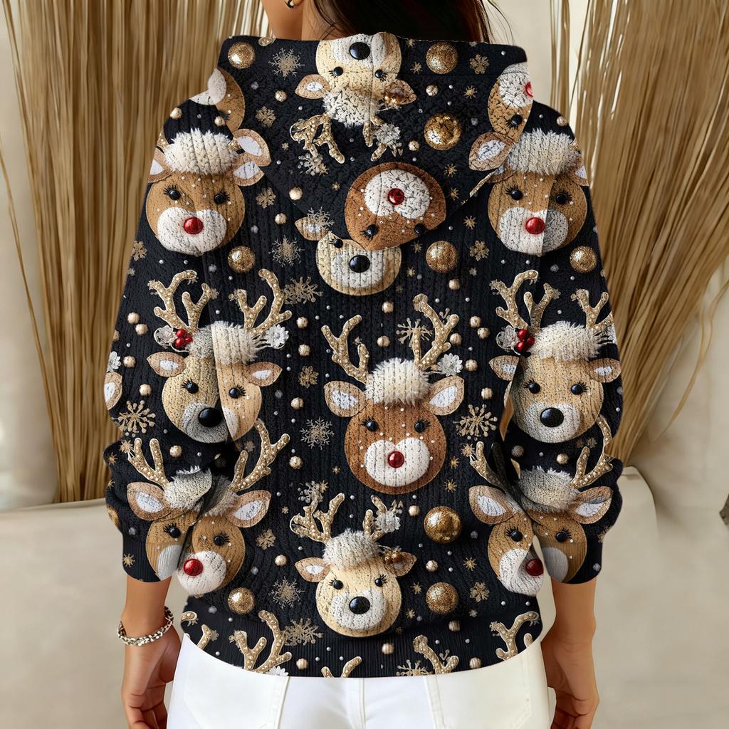 Women's Fashion Casual Christmas Print Pullover Long-Sleeve Hooded Sweatshirt