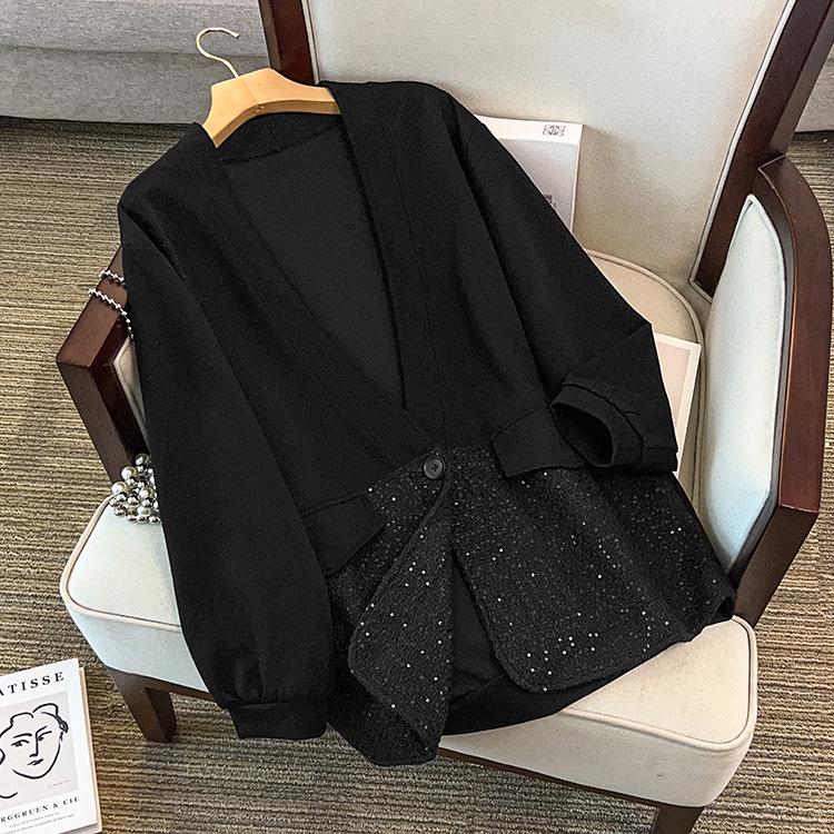 

Plus Size Spring Sequin Spliced Casual Jacket - Fashionable Slimming Cover-Up for Women 7XL (240-270 jin) чёрный