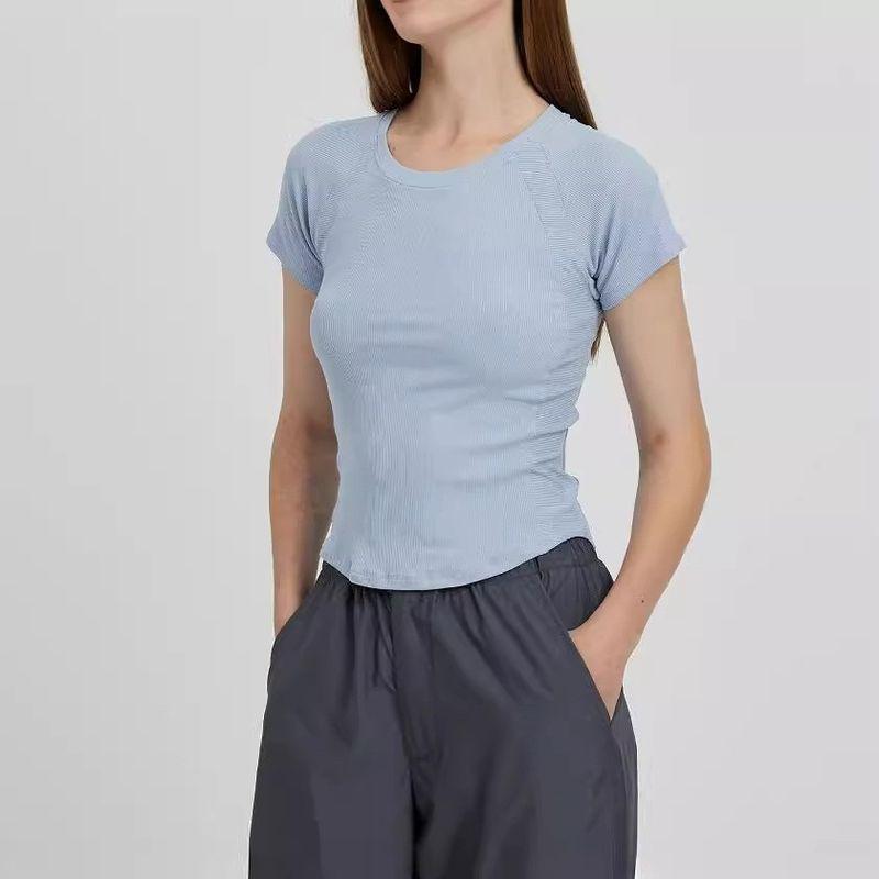 

Personalized European and American Style Minimalist Solid Color round Neck Short Sleeves T-shirt Thread Elastic Skinny Slimming Women s Base Top Default
