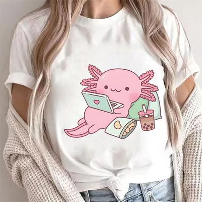 Tricou drăguț Relax Axolotl pentru femei, vară, cu mânecă scurtă, Topuri Y2k, Moda Anime Hip Hop, Îmbrăcăminte pentru femei, Tricou casual respirabil