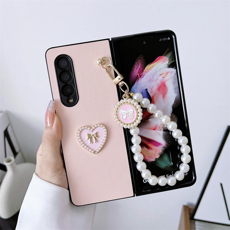 Roztomilý Pearl Love Heart Chain přívěsek Pouzdro na telefon pro Samsung Galaxy Z Fold 4 3 5 Kryt Kožený pant Ochranná pouzdra pro Samsung Z Flip 3 Z flip 4 5