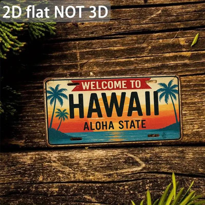 D Flat Pc Vintage Hawaiian Aloha State License Plate Sign Tropical Hawaii Wall Decor with Palm Trees Sunset 20X30CM