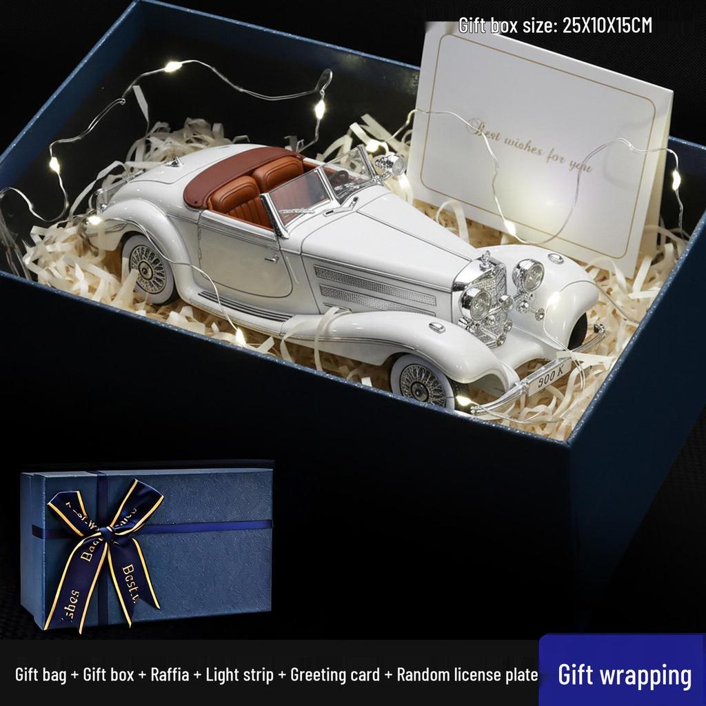 1/24 Mercedes-Benz 500K Modellauto aus Legierung mit Ton und Licht: Klassisches Retro-Ornament zum Zurückziehen, Geschenkbox zum Mittherbstfest