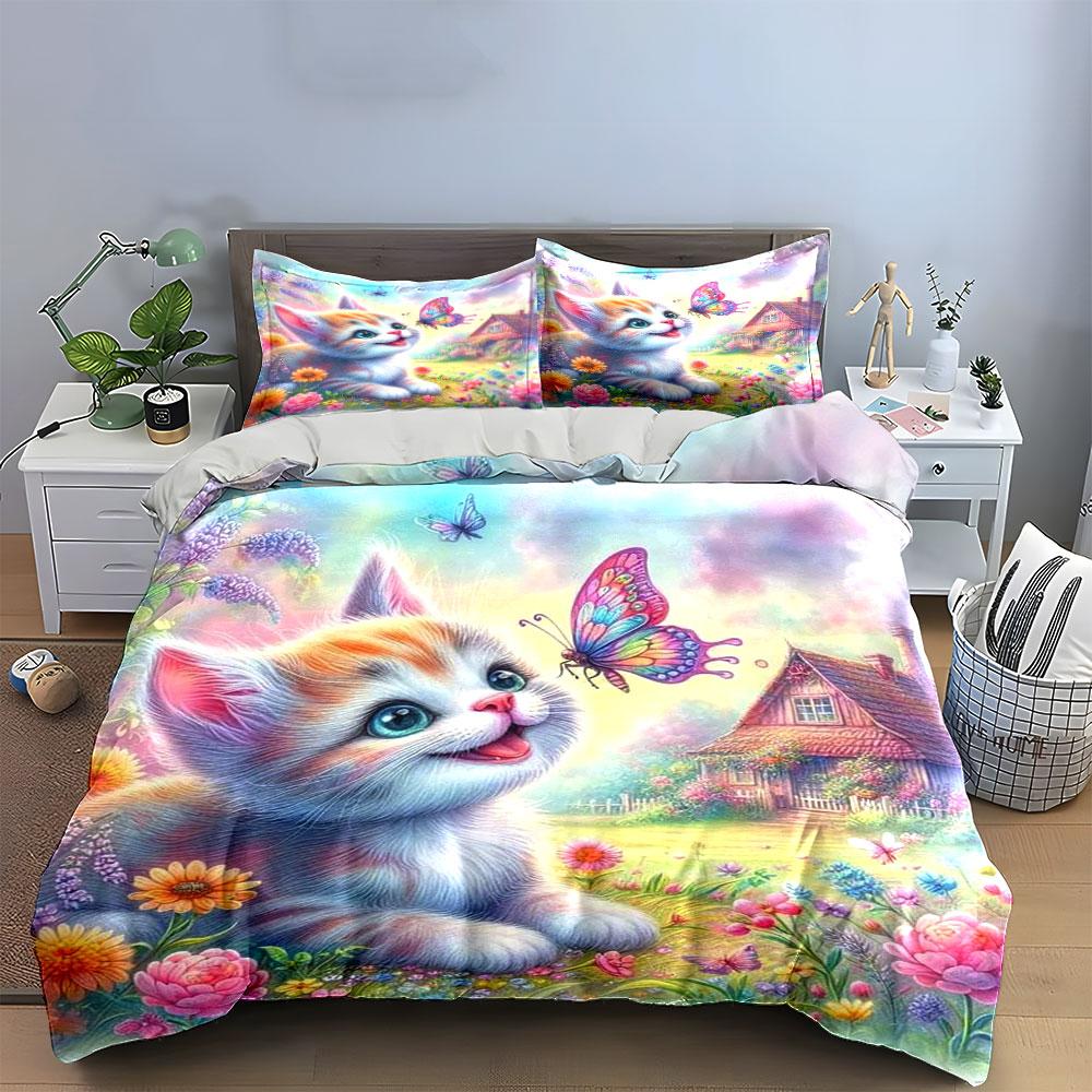 Kitten, Butterfly, Flowers, Cottage. Bedding Sets Duvet Cover Sets Duvet Covers Pillowcases(1*Duvet Cover 2*Pillowcases Without Duvet Insert)