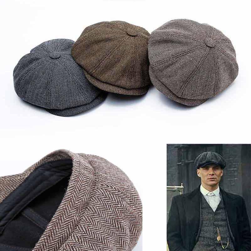 Luxuriöse Herren-Tweed-Fischgräten-Newsboy-Kappe mit 8-Panel-Design für zeitlosen Stil