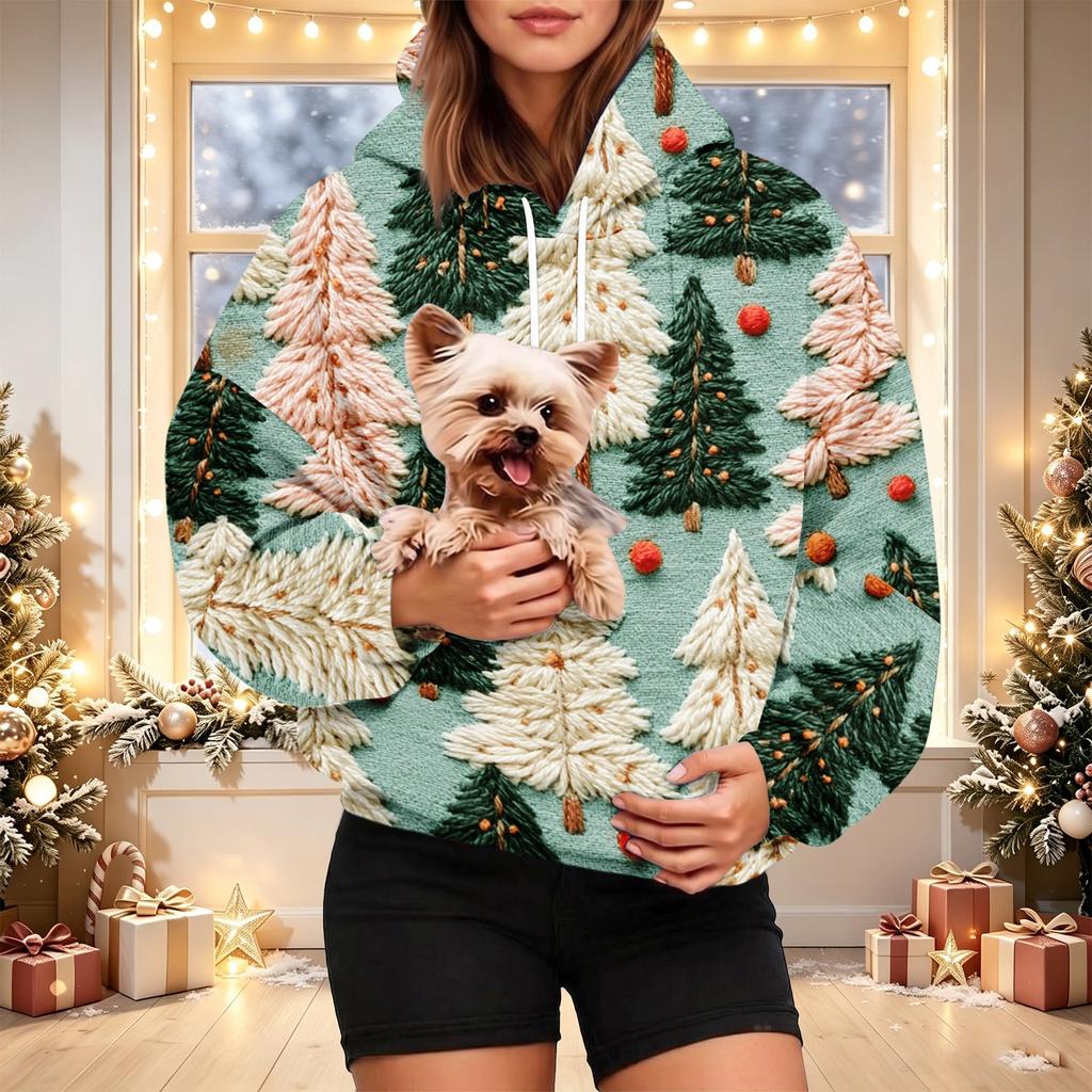 Damen Mode Weihnachtsdruck Hoodie mit Haustier-Tasche, Lässiger Pullover für Feiertagskleidung