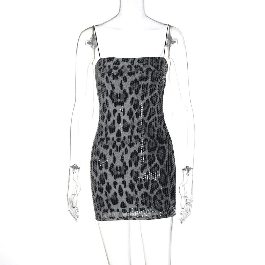 European and American Sexy Hot-selling New Fashion Leopard Print Print Street Style Nightclub Versatile Suspender Bead Dress Women's Clothing