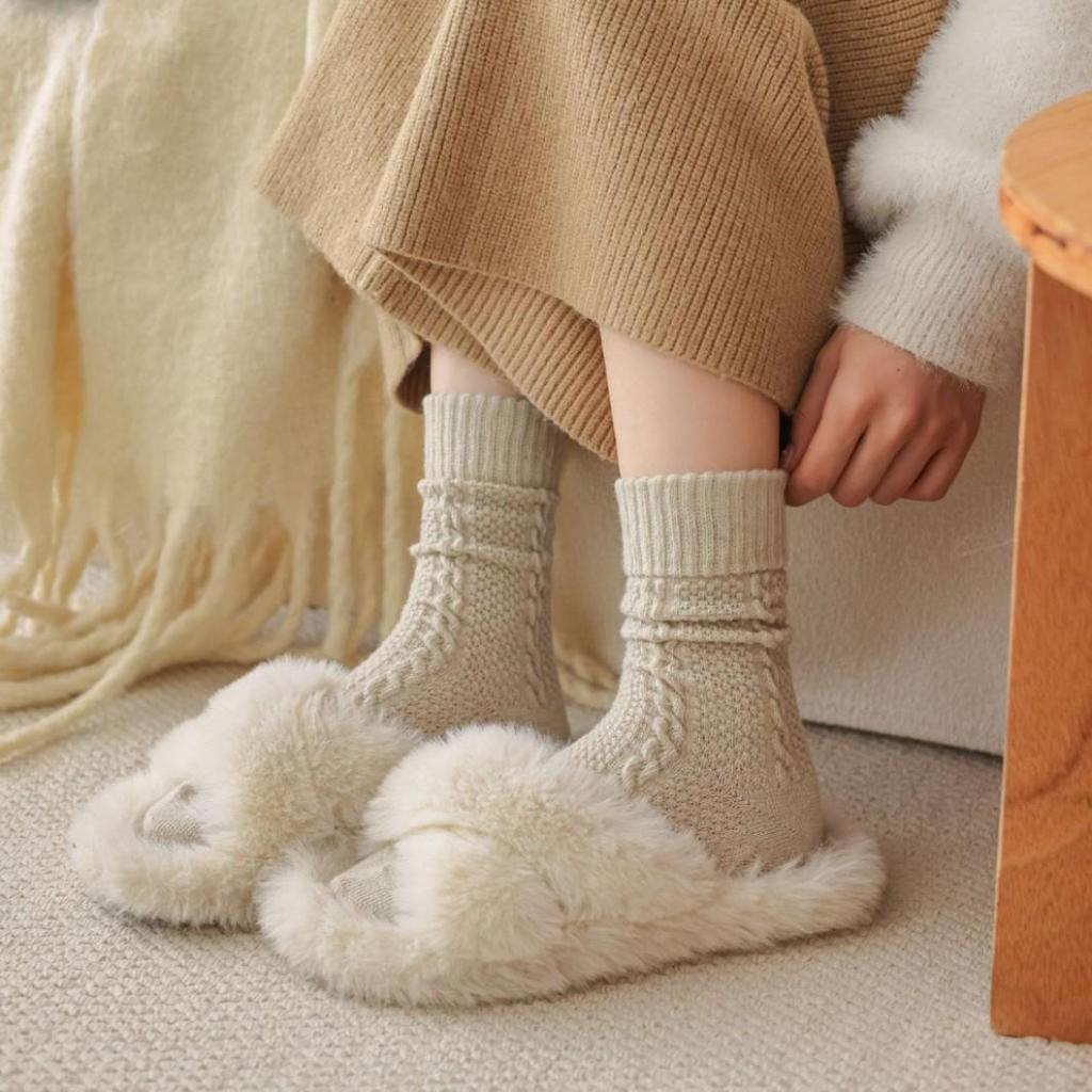 Women's Japanese-Style Gray Wool Mid-Tube Socks: Cozy, Retro, Solid Color for Autumn/Winter.