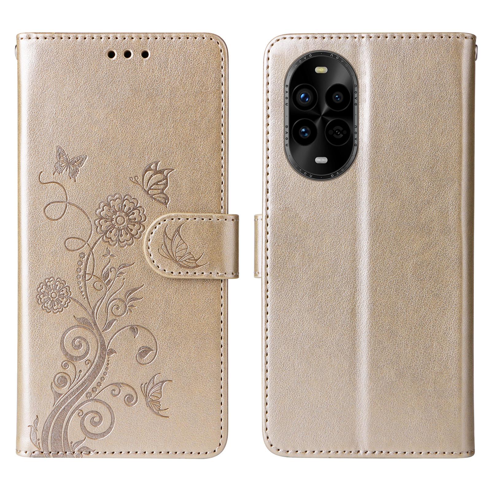 

Шкіряний чохол для Huawei nova 13 Pro 5G з тисненням у вигляді метелика та квітів, чохол-гаманець з підставкою Gold