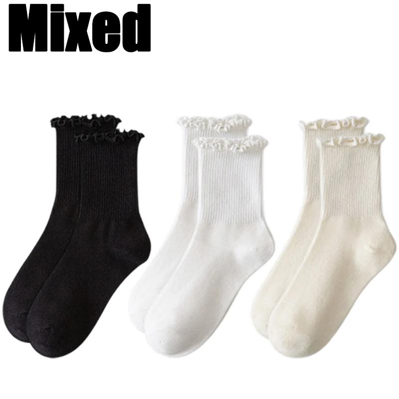 5pairs Korean Lolita JK Ruffle Cotton Socks for Women Middle Tube Ankle Soft Breathable Hosiery Black White Autumn Kawaii Socks