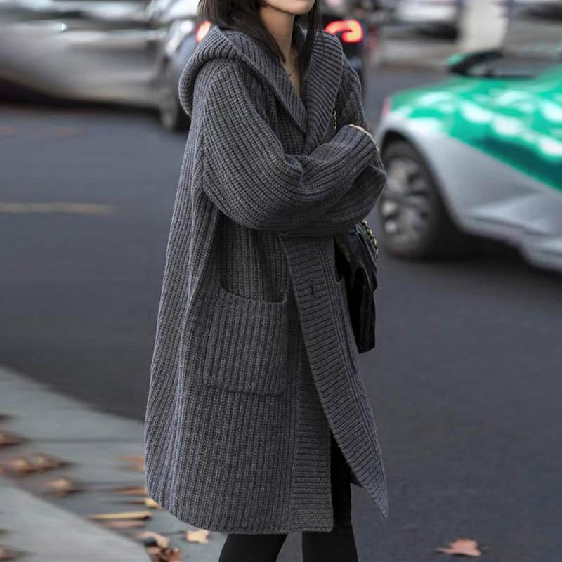 

Свитера Пальто Кардиган для Женщин Осень Зима Большой Размер Винтаж Свободный Длинный Рукав Вязаный Кардиган Куртка с Капюшоном S серый