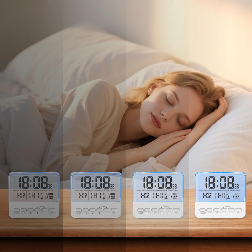 Minimalist Space-Saving Design Transparent LCD Display Time Date Weekday Seconds and DST Dual Alarm Small Alarm Clock