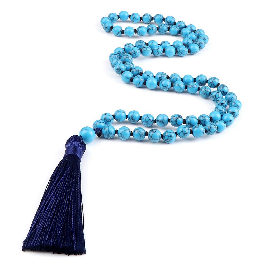 European 8mm Stone Bead Tassel Necklace and Multi-Strand Buddhist Bead Bracelet