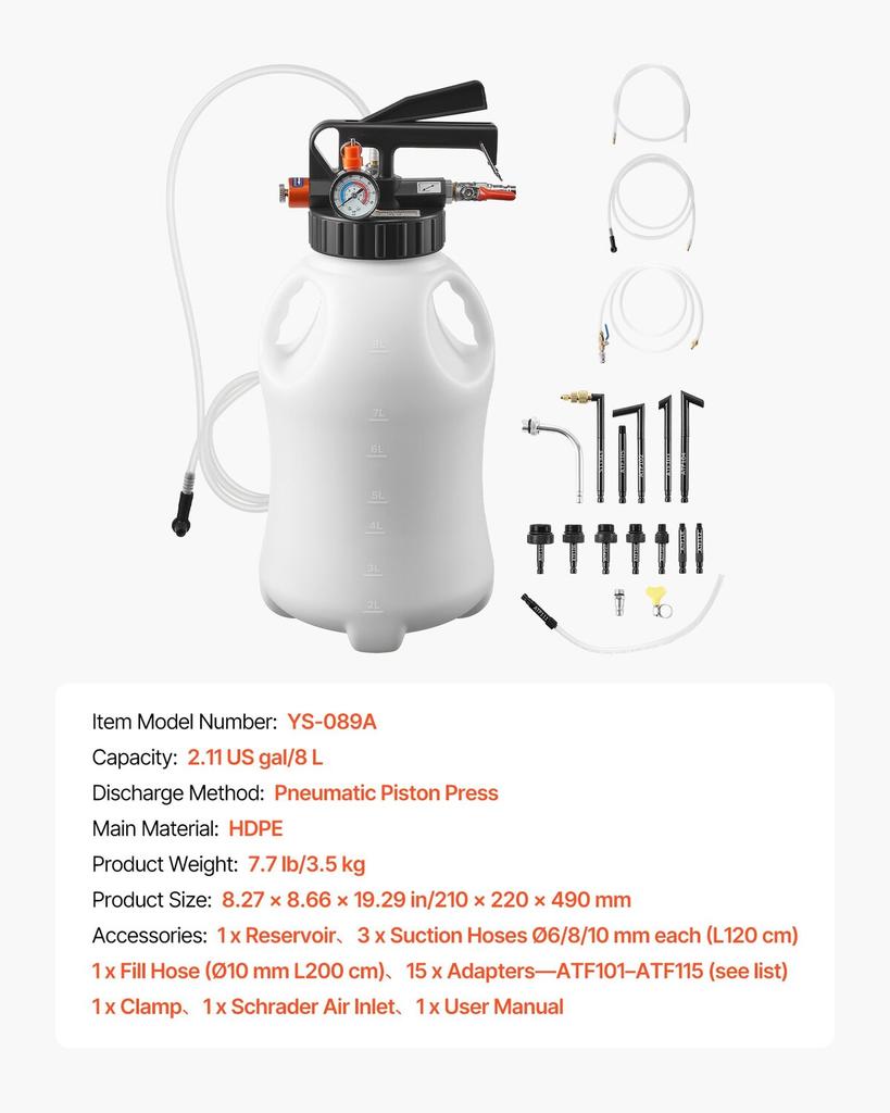Transmission Fluid Pump, 8 L Capacity, Pneumatic Oil Fluid Extractor ATF Refill Dispenser Transfer Pump wit 15 ATF Adapters, Oil Extractor Dispenser