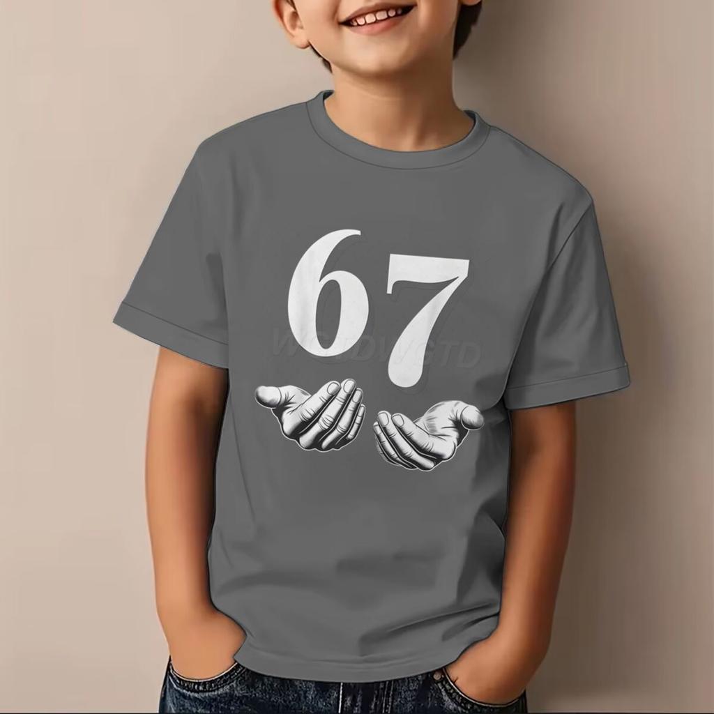 67 Number Print T-Shirt für Kinder Coole Hände Grafik Kurzarm Mode Lässiges Oberteil Lustig 6 7 Memes Mädchen Junge Kleidung Baumwoll-Oberteil