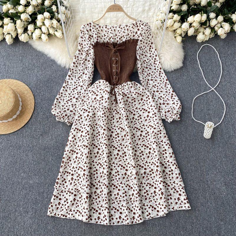 

French Minority Lace-up Contrast Color Long Sleeves Autumn Fake Two-Piece White khaki All yards