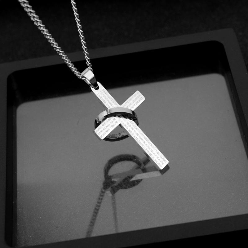 Hip Hop Punk Cross Circle Pendant Long Necklace Unisex Stainless Steel Sweater Chain