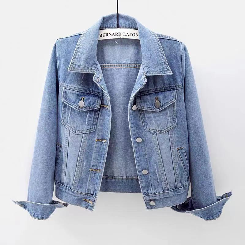 

Women s Short Denim Jacket - Slim Fit, Versatile Long Sleeve, Solid Color, Ideal for Spring & Autumn S 85-95 светло-синий