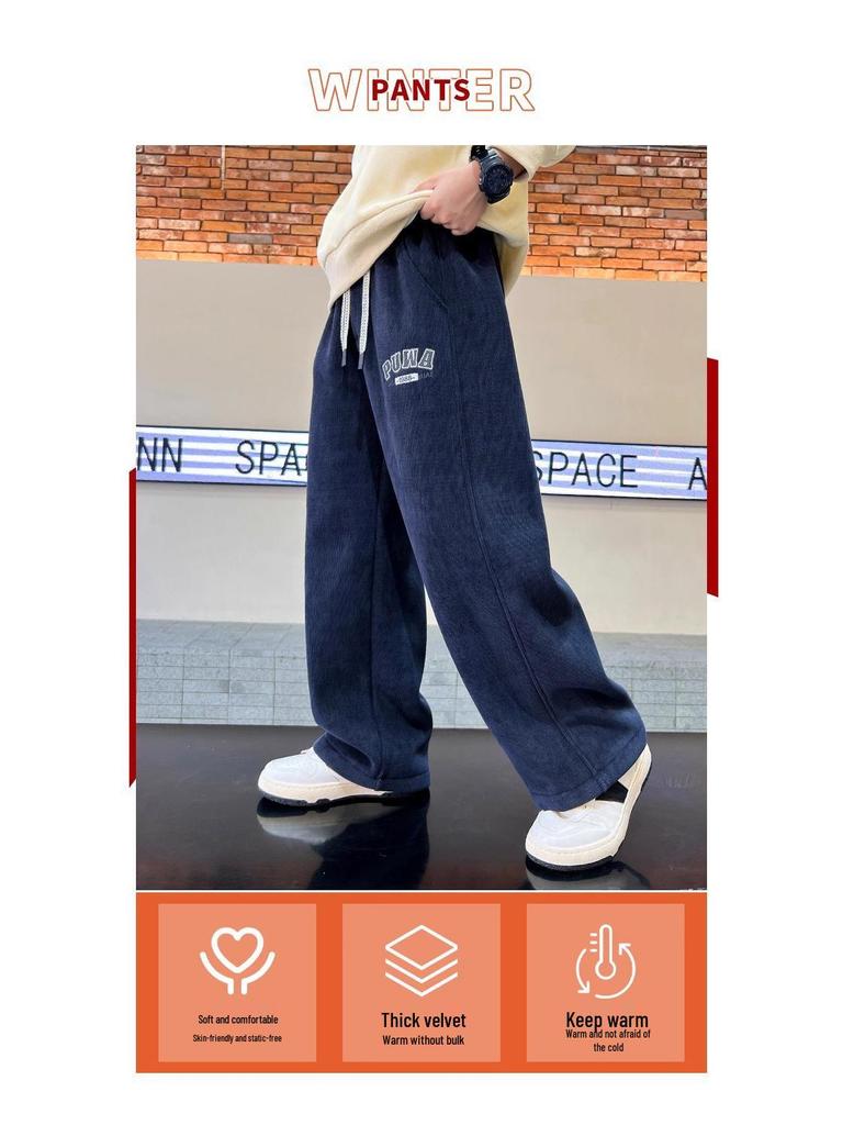Autumn & Winter Boys' Plus Velvet Casual Straight-Leg Pants