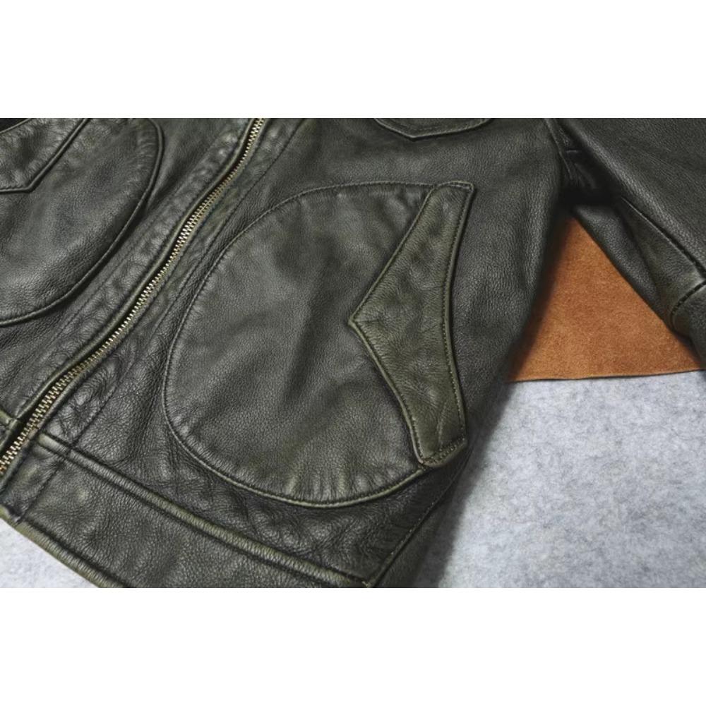 Chinese Size Vintage Olive Green Genuine Cowhide Men Leather Jacket Autumn Turn Down Collar Real Leather Coat