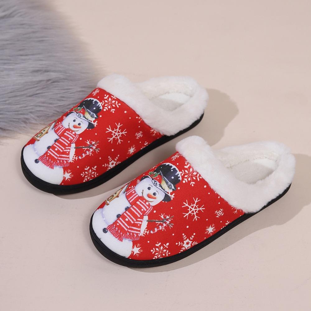 Winter Couple Slippers Cotton Snowman Cartoon Christmas Print Warm Fashion Home Indoor Plush Shoes