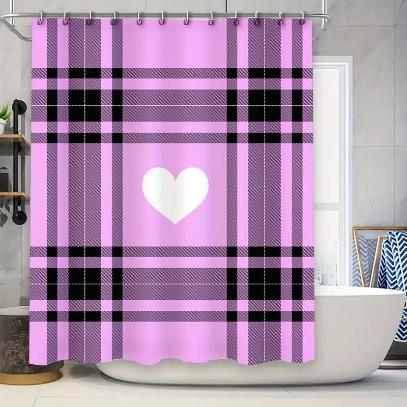 

Pink Plaid Shower Curtain With White Heart Bath Room Decor For Home Decoration In Bathrooms From Home Garden W60H190(CM)-1 Pcs