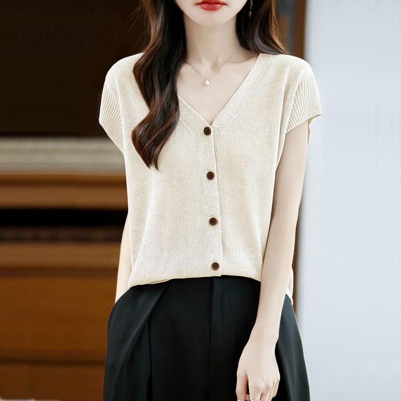 Top da Donna Estivo Nuovo Scollo a V Bottoni Davanti Vestibilità Aderente Lavorazione a Maglia Seta Ghiacciata Tencel Manica Corta T-shirt