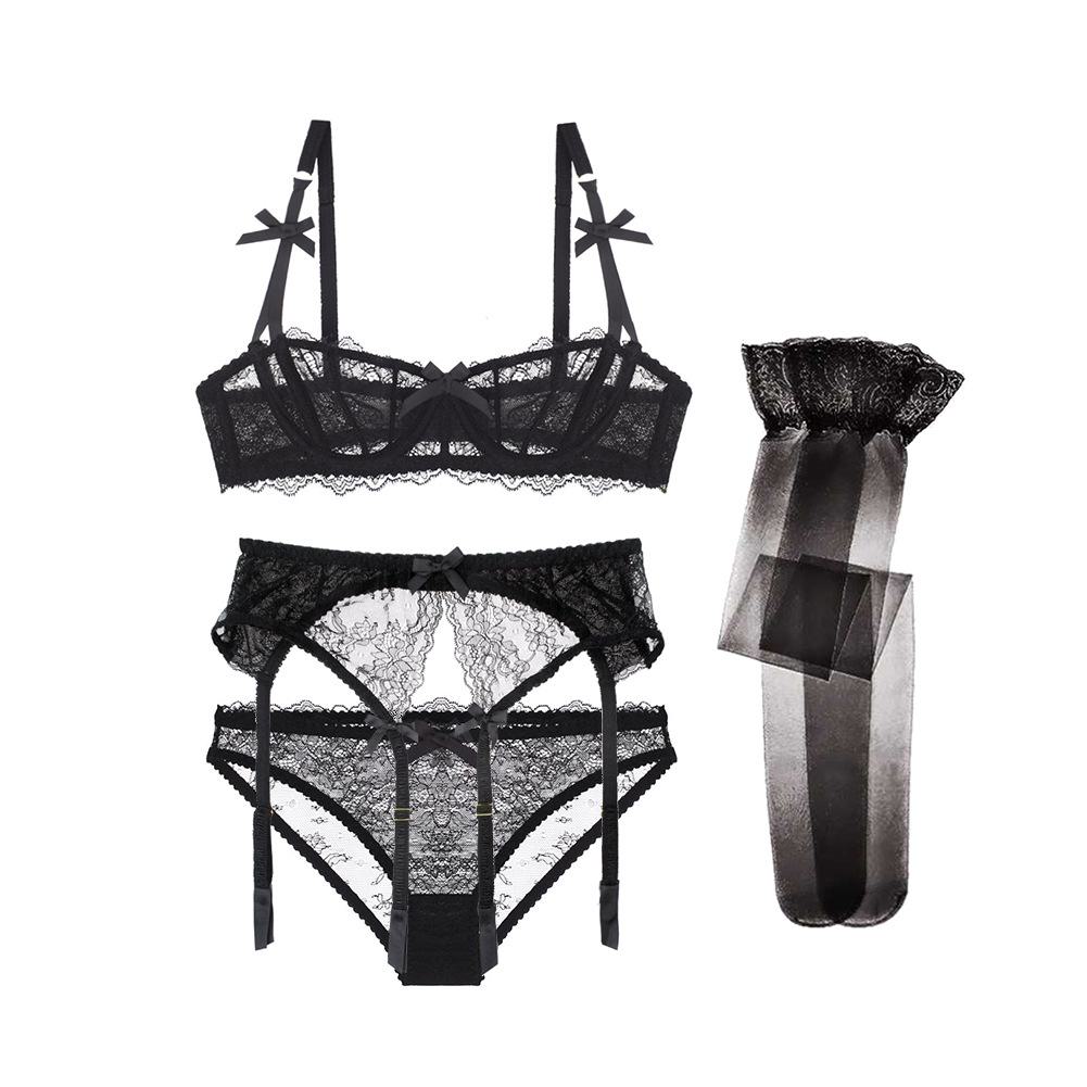 Sexy Lace 4-piece Lingerie Set - Women's Bra, Panties, Garter, Stockings