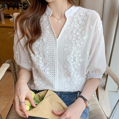 Blusas y camisas con cuello en V de manga corta con estampado de Color sólido informal de moda para mujer