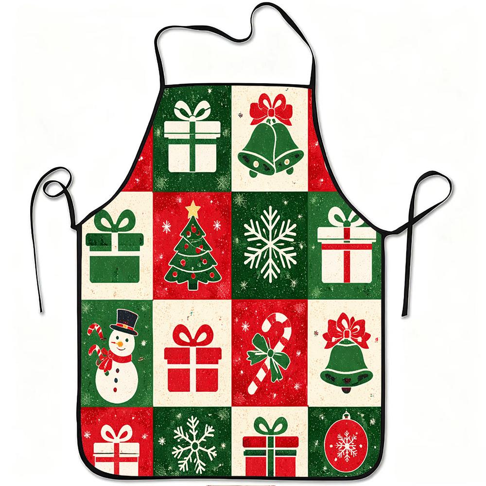 1pc Christmas Gift Apron, Printed with Snowmen, Christmas Trees, Candy Canes, And Bells, Durable And Easy to Clean, Adjustable Waistband, Polyester Ma