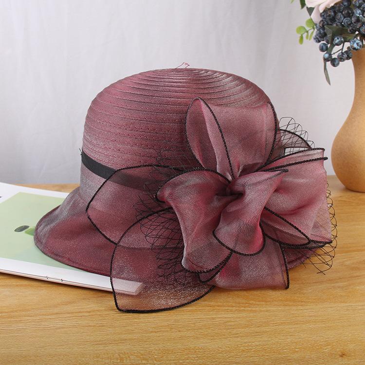 Elegant Temperament Mesh Yarn Flower Top Hat Women'S Fashion Versatile Organza Small Pot Hat Summer Sun Protection Sun Hat