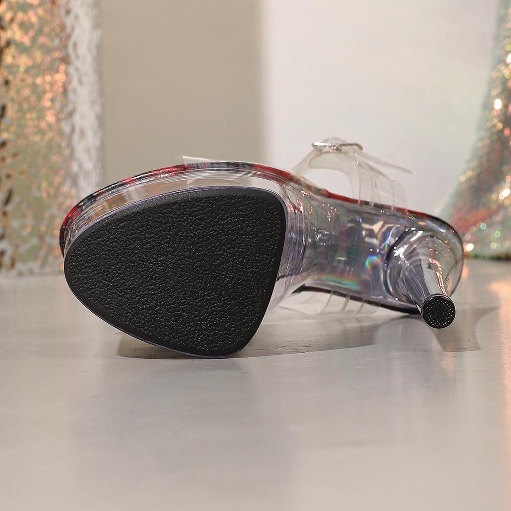 Sandales Stiletto à Cristaux à Une Bride pour Femmes 20CM - Imprimé Léopard Transparent