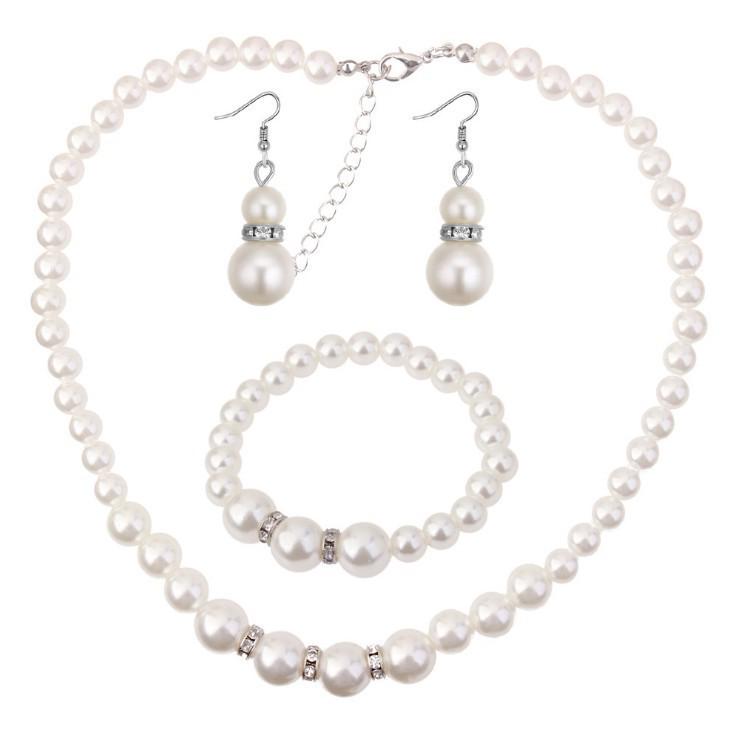 Rhinestone Pearl Necklace, Diamond-Set Bracelet, and Earrings Women's Three-Piece Jewelry Set